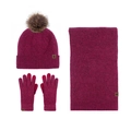 Winter set with pom-pom beanie, scarf, and touchscreen gloves in deep berry pink color - Wine Red 3-Piece Set