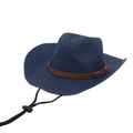 Handwoven navy blue straw cowboy hat with brown leather band and adjustable wind strap - One Size (Grass) / Navy Blue (Yellow Rope)