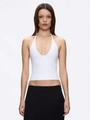 White deep V neck halter top, slim fit cropped tank for women on white background - XS / White