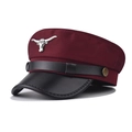 Detail of burgundy military cap with black leather visor and silver bull metal emblem - M (56-58cm) / Wine Red (Bull Head)