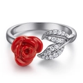 925 silver ring featuring a vibrant red 3D rose and zircon-studded leaves design - Tl-291