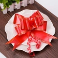 Detail of red wedding pull flower ribbon bow with gold stripes on a white lace plate - Gold Border Large Red