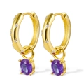 Elegant gold-plated S925 silver hoop earrings featuring round purple zircon pendants - Gold Purple
