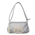 Sac bandoulière chinois vintage en satin gris avec broderies florales et pompon - Argenté