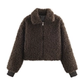 Brown fleece lapel jacket with zipper closure and black ribbed cuffs on white background - XS / Dark Brown