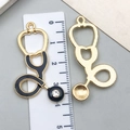 Gold and black enamel stethoscope charms with rhinestone accents for jewelry making - Large KC Gold Black Stethoscope