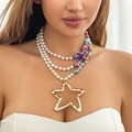 Bohemian multi-layer necklace with white pearls, colorful stones, and a gold star pendant - K2 Gold (Multi-color Stone)