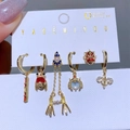 6-piece gold earring set with colorful zircon and red enamel in various stylish designs - 6-Piece Set / Gold Multi-color