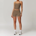 Ensemble de yoga brossé pour femme avec haut court à dos nageur et short taille haute kaki foncé - S / Haut Et Bas / Débardeur + Short / Brun Mocha