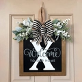 Letter X wooden door sign with black background, striped bow and faux greenery décor - Letter X