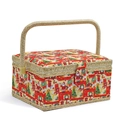 Christmas themed sewing basket with holiday prints and light brown woven handles - A - Santa Claus