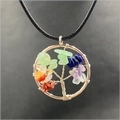 Detail of silver wire-wrapped tree of life pendant with colorful natural stone chips - Multicolor