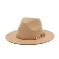 Detailed close-up of khaki wide brim fedora with brown leather belt and gold buckle - M (56-58cm) / Khaki