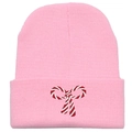 Berretto in maglia rosa da donna con un grazioso fiocco ricamato a righe bianche e rosse - 54-60cm / Rosa