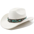Détail d'un chapeau de cow-boy blanc en daim avec broderie turquoise et boucle papillon - M (56-58cm) / Crème
