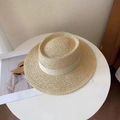 Top view of beige straw sun hat with wide brim and elegant cream ribbon detail - 55-58cm Adjustable / Beige with White Ribbon