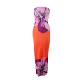Detail view of the vibrant orange strapless maxi dress with purple floral patterns - Purple
