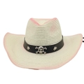 Panama straw sun hat with pink gradient brim and black leather skull band detailing - Gradient Straw Hat / Cream with Windproof Rope (White Skull)