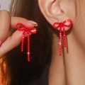 Sparkling red rhinestone bow tassel earrings for women with a long drop elegant style - Red Bowknot Tassel Earrings Style B