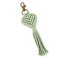 Handmade light green macrame heart keychain with tassel and bronze metal clasp - Grey Green