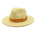 Classic straw fedora hat for sun protection with orange grosgrain ribbon and bow - M (56-58cm) / Milk Yellow