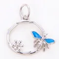 Pendentif fleur argentée et libellule en émail bleu avec cadre rond pour bijoux DIY - Style Q / Or blanc