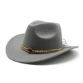 Detail of beaded band and brown leather cord on a grey felt Western cowboy hat - Gray