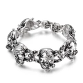Gothic punk silver skull bracelet with vintage oxidized finish and pirate head link details - Skull Head Style (KB27579-D)