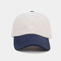 Dettaglio del berretto in velluto a coste con trama color crema e tesa blu scuro curva - Blu navy