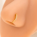 Golden nose ring with five sparkling leaf-shaped zircons shown on a model's nose - E4612-3/Gold/5-Diamond Row