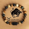 Taurus zodiac bracelet with natural tiger eye beads and engraved matte cylinder charm - Taurus