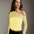 Sexy chic yellow off-shoulder long sleeve mesh T-shirt with sheer patchwork - S / Yellow