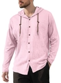 Detail of light pink linen hoodie shirt featuring wood buttons and brown drawstrings - Pink