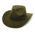 Detail of olive green wool felt cowboy hat with black band and silver buckle accent - Army Green