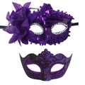 Elegant purple sequined masquerade mask with floral feathers and glitter vine details - Sequin Side Flower + Painted Mask Set [Purple]