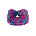 Pink elastic yoga headband with blue paisley pattern and twisted knot detail - Pink Base Blue Paisley
