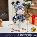 Skiing snowman doll ornament in blue checkered fabric with wooden skis for Christmas - Blue Plaid Skiing Snowman B