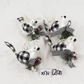 Set of four 12cm white Christmas bird ornaments with plaid wings and natural pinecones - Set 23 (4Pcs Pearl White Plaid Decor Birds)