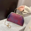 Vintage kiss lock bag with peacock feather embroidery in red and blue gradient silk - Purple