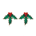 Détail de boucles d'oreilles houx de Noël avec émail vert et baies en cristal rouge - #39 Feuille/Feuille de Houx Avec Strass Rouge
