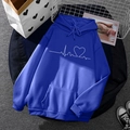 Fleece-lined royal blue hoodie with white heart heartbeat print and drawstring hood - S / Tops / Sapphire Blue