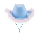 Blue felt cowboy hat with pink feather trim and adjustable drawstring for party - Blue Cowboy Hat With Pink Feather