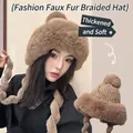 Winter plush knit hat with deer antlers and pom-pom in khaki color for cold protection - Pearl Braid Ear Flap Hat / Khaki
