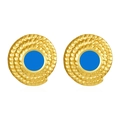 Detail of vintage gold earrings with spiral rope texture and blue enamel inlay - Blue