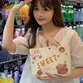 Cream canvas tote with cute animal illustrations and pink handles for daily use - Rabbit Bear Duck
