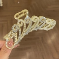 Elegant 11cm large metal hair claw clip decorated with white pearls and rhinestones. - Golden Peacock Claw Clip