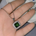 Square emerald pendant necklace featuring a sparkling halo setting on a silver chain - Tz-40 [green Diamond]