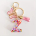 Golden letter Z keychain with pink butterfly, tassel and colorful heart sequins - Letter Z