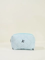 Quilted light blue makeup bag with black embroidery and zipper closure detail - Makeup Bag / Blue