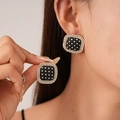 Orecchini a perno quadrati in tessuto nero a pois con bordo in strass scintillanti - Stile a Pois Quadrato con Strass (76#) / Nero
